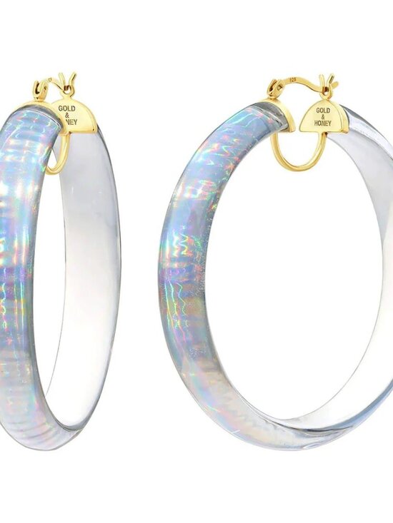 Clear Chunky Graduated Hoop Earrings Gold & Honey Large White Iridescent Lucite Hoops